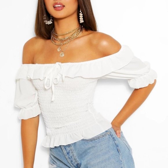 BOOHOO White Shirred Off Shoulder Puff Sleeve Top - Picture 6 of 6